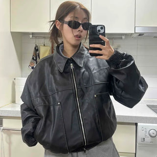 Retro Collar Leather Loose Fit Crop Jacket