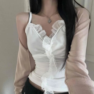 Sweet Ruffle Lace Shirred Heart Neck Sleeveless Bustier
