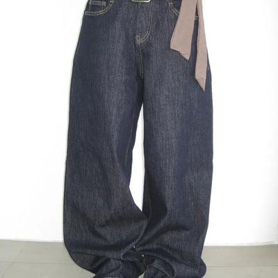 Slub Non-Faded Raw Low Wide Denim Pants