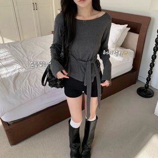[Snapshot Look../Cinched Waist] Asymmetrical Ribbon Slim Fit Long Sleeve Inner Top