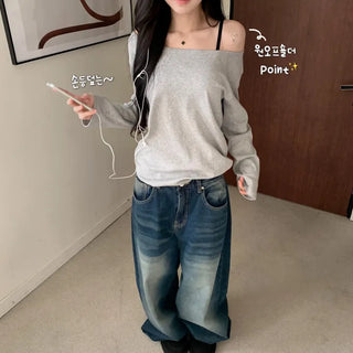 [Must-Have!] Basic Boxy Fit Layered Off-Shoulder Long Sleeve Tee