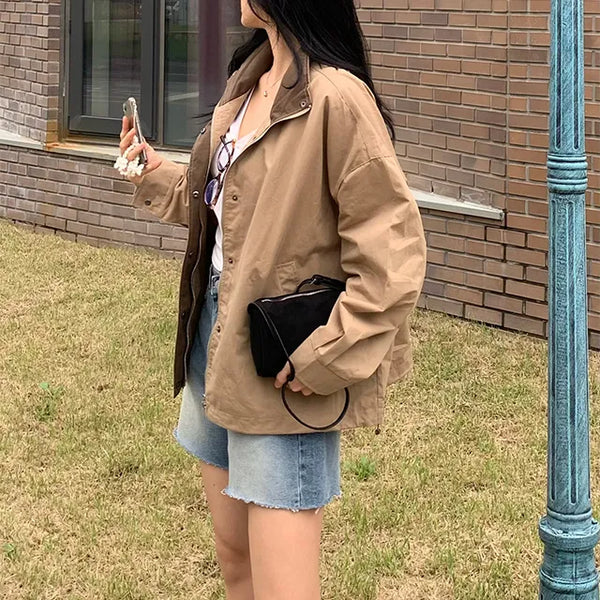 Color-blocked short windbreaker field jacket