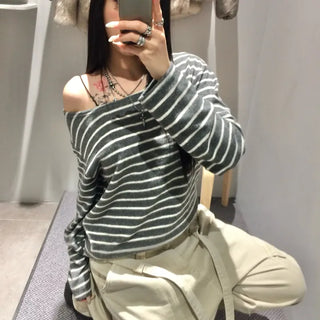 *Until Spring* Brushed Fleece STRIPE One-Shoulder Long Sleeve Tee