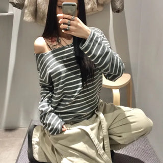 *Until Spring* Brushed Fleece STRIPE One-Shoulder Long Sleeve Tee