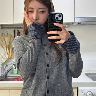 Check Color Block Knit Cardigan