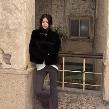 Chic black fur coat with buckle