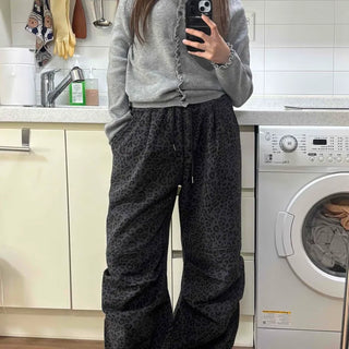 Leopard Elastic Waist Wide Training Pants