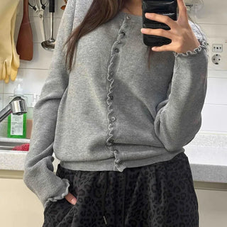 Frill Detail Cropped Round Knit Cardigan