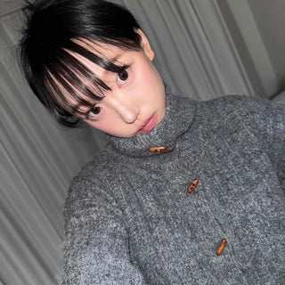 Wood Button Fluffy High Neck Loose Fit Knit
