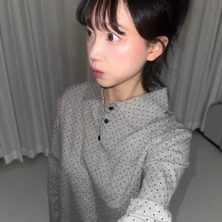 Dot Collar Button Loose Fit Long Sleeve T-shirt