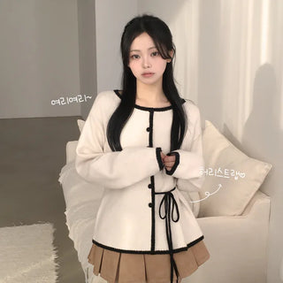 Delicate~ Color Block Lip Neck Side Ribbon Strap Cinched Delicate Loose Fit Wool Knit Cardigan
