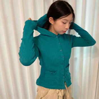 Punched Two-Pocket Hooded Knit Cardigan