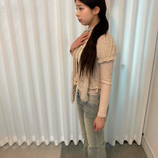 See-through Long Sleeve Top, Puff Sleeve Crop Cardigan, and Lace Scarf Set