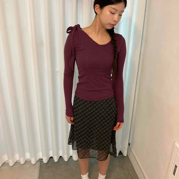 Romantic Shoulder Ribbon Slim Fit V-Neck Long Sleeve T-Shirt