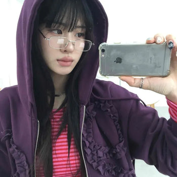 Ribbon Frill Layered Zip-Up Hoodie