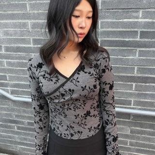 Velvet Floral Slim V-Neck Long Sleeve T-Shirt