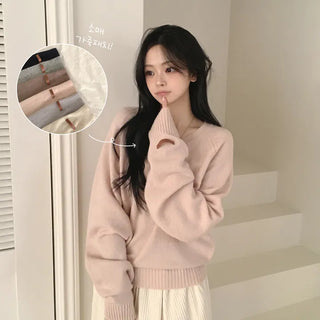 Knit Must-Have, Daily Raglan Plain V-neck Avant-garde Loose Fit Wool Alpaca Long Sleeve Knit