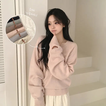 Knit Must-Have, Daily Raglan Plain V-neck Avant-garde Loose Fit Wool Alpaca Long Sleeve Knit