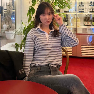 Striped Half-Open Loose Fit Collared Long Sleeve T-shirt