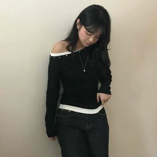 Dual Color Block Boat Neck Long Sleeve T-shirt with Hem Slit