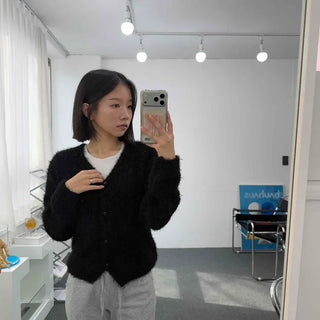Soft Fuzzy Button Cozy Fit V-Neck Cardigan