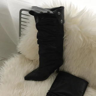Stiletto Folding Shirred Long Boots Two-way Mid-heel 7cm