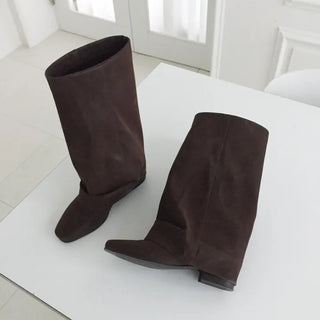 Unique Calf Warmer Long Boots, Calf Cover, Low Mid-Heel, 3cm Suede