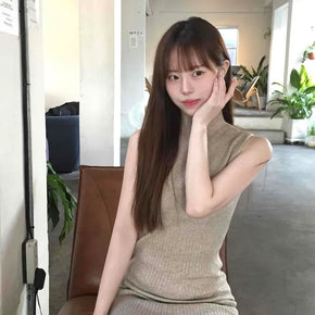 Slim Mock Turtleneck Knit Long Dress