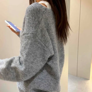 Balloon Sleeve Oversized V-Neck Knit