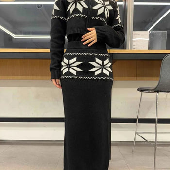 Snowflake Jacquard Knit Zip-up Long Skirt Set