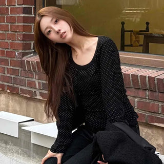 Lovely Dot Square Neck Slim Long Sleeve T-shirt