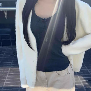 Fuzzy Mohair Blend Zip-Up Crop Short Cardigan