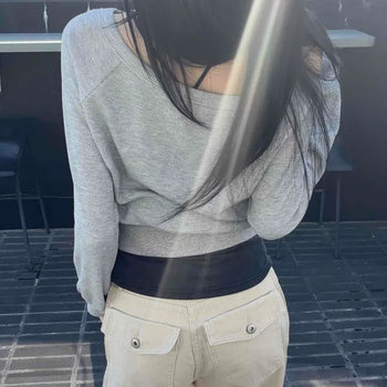 Crotch Slit Button Open Shoulder Cropped Sweatshirt