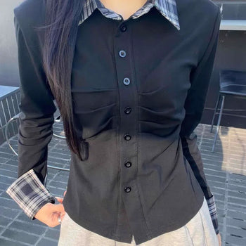 Check Collar Contrast Shirred Shirt-style Long Sleeve T-shirt