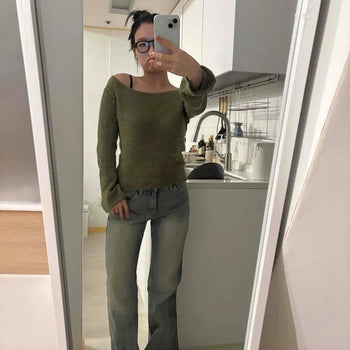 Frey Crop Wide Boat Neck Loose Fit Knit