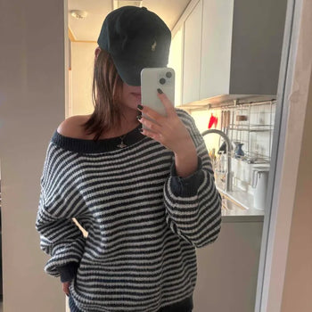 Fuzzy texture drop wide neck balloon stripe knit
