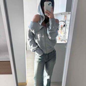 Shoulder Cutout Shoulder Line Cropped Zip-Up Hoodie