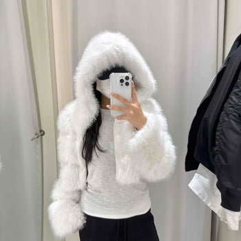 Trimmed Eco Fur Hooded Crop Jacket