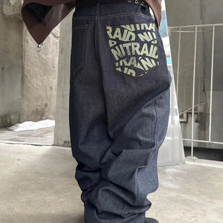Unisex Den Back Pocket Lettering Non-Fade Denim Pants