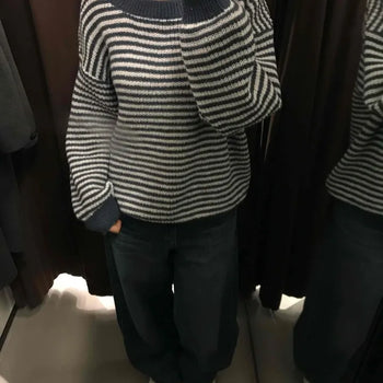 Big Round Neck Dolman Sleeve Contrast Border Knit