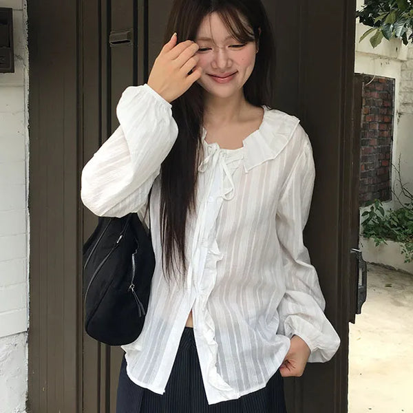 V-neck Frill Front Ribbon Blouse