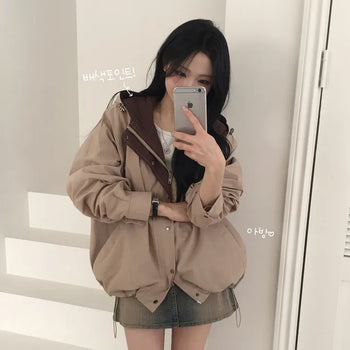 Guaranteed Cuteness, Color-block Drawstring Hooded Boxy Oversized Field Jacket Work Jacket