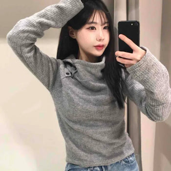 Asymmetrical Button High Neck Hooded Sleeve Loose Fit Knit