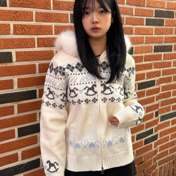 Winter Jacquard Pattern Knit Zip-up Hoodie