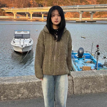 Cable Knit Oversized Zip-Up Hoodie