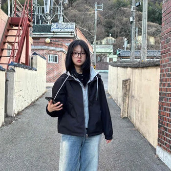 Layered Hooded Loose Fit Windbreaker Jumper