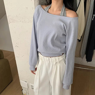 Waffle Off-Shoulder Sweatshirt + Halter Sleeveless Set