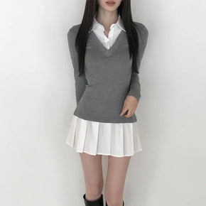 Blush Shirt Layered Long Sleeve Ribbed Mini Slim Fit Dress