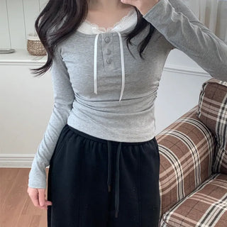 Lace Layered Delicate Fit Button T-shirt  Balletcore