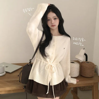 Innocent Mood, Boat Neck Pendant Waist String Ribbon Cinched Waist Delicate Loose Fit Knit Cardigan